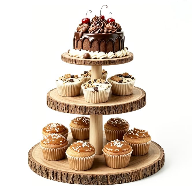 3-Tier Round Wooden Cupcake Stand, Rustic Natural Bark Wood Dessert Display Tower Platter for Wedding, Birthday