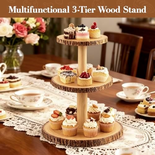 3-Tier Round Wooden Cupcake Stand, Rustic Natural Bark Wood Dessert Display Tower Platter for Wedding, Birthday, alternate