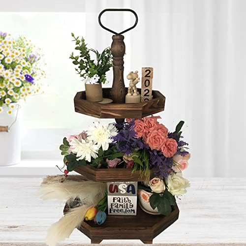 3-Tier Rustic Black Wooden Serving Tray | Farmhouse Cupcake Stand & Kitchen Organizer | 27"x15" Tall Tiered Tray