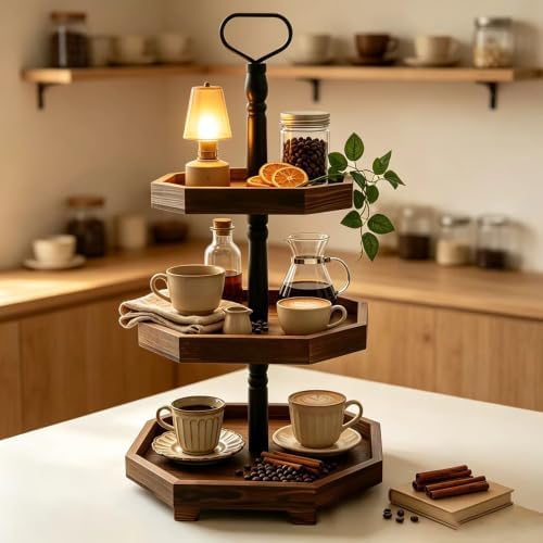 3-Tier Rustic Black Wooden Serving Tray | Farmhouse Cupcake Stand & Kitchen Organizer | 27"x15" Tall Tiered Tray, alternate