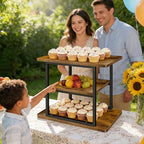 3 Tier Rustic Wood Cupcake Stand, Rectangular Dessert Table Display Tower in Brown, alternate view 2