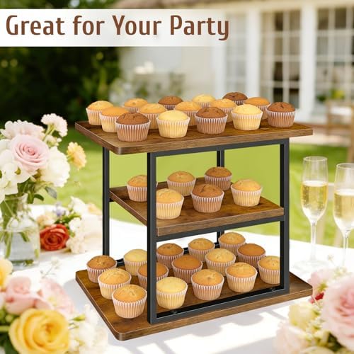 3 Tier Rustic Wood Cupcake Stand, Rectangular Dessert Table Display Tower in Brown, alternate view 4