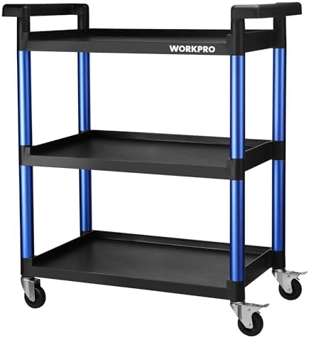 3-Tier Service Utility Cart, 400LBS Plastic Rolling Cart with Handles & Lockable Wheels, Heavy Duty Storage Cart