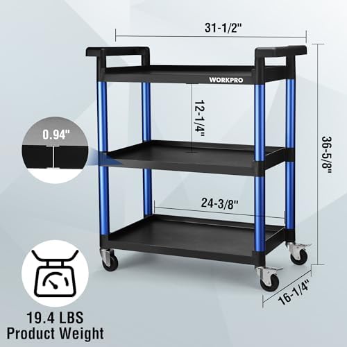 3-Tier Service Utility Cart, 400LBS Plastic Rolling Cart with Handles & Lockable Wheels, Heavy Duty Storage Cart, alternate