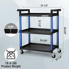 3-Tier Service Utility Cart, 400LBS Plastic Rolling Cart with Handles & Lockable Wheels, Heavy Duty Storage Cart, alternate