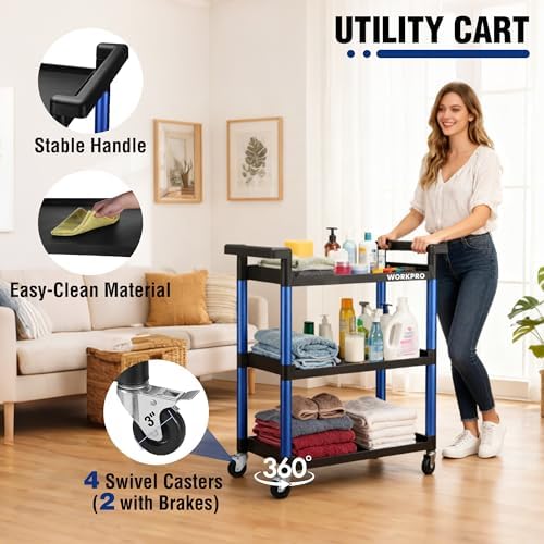 3-Tier Service Utility Cart, 400LBS Plastic Rolling Cart with Handles & Lockable Wheels, Heavy Duty Storage Cart, alternate