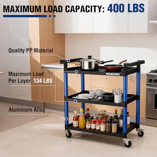 3-Tier Service Utility Cart, 400LBS Plastic Rolling Cart with Handles & Lockable Wheels, Heavy Duty Storage Cart, alternate
