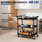 3-Tier Service Utility Cart, 400LBS Plastic Rolling Cart with Handles & Lockable Wheels, Heavy Duty Storage Cart, alternate