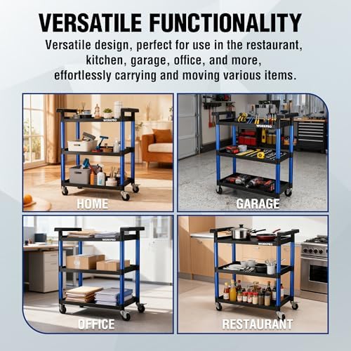 3-Tier Service Utility Cart, 400LBS Plastic Rolling Cart with Handles & Lockable Wheels, Heavy Duty Storage Cart, alternate
