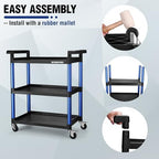 3-Tier Service Utility Cart, 400LBS Plastic Rolling Cart with Handles & Lockable Wheels, Heavy Duty Storage Cart, alternate