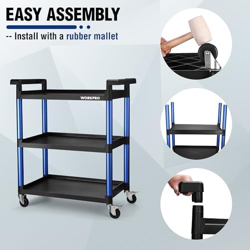3-Tier Service Utility Cart, 400LBS Plastic Rolling Cart with Handles & Lockable Wheels, Heavy Duty Storage Cart, alternate