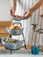 3 Tier Serving Bowls, Serving Dishes for Entertaining Porcelain in 3-tier oval bowl with metal stand in, alternate view 2