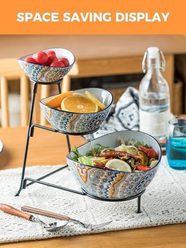 3 Tier Serving Bowls, Serving Dishes for Entertaining Porcelain in 3-tier oval bowl with metal stand in, alternate view 5