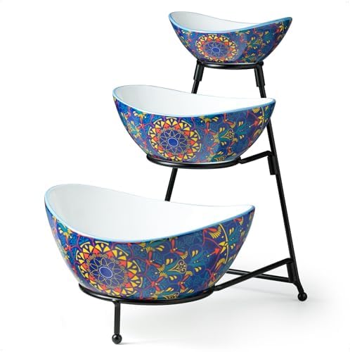 3 Tier Serving Bowls, Tiered Serving Platter and Trays for Parties in 3-tier oval bowl with metal stand in