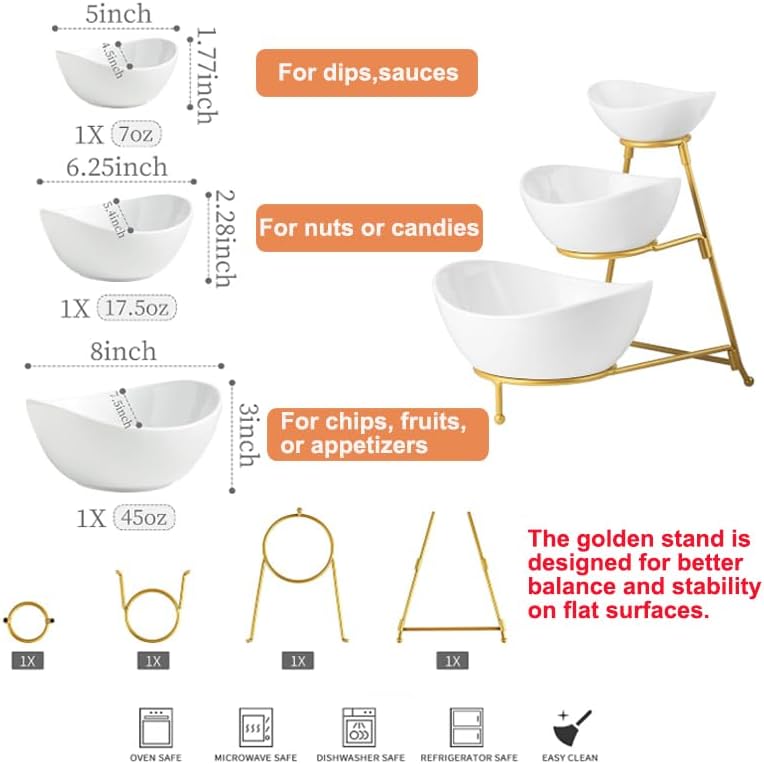 3 Tier Serving Bowls with Stand for Entertaining Party in 3-Tier Set (Large, Medium, Small) in Gold, alternate view 3