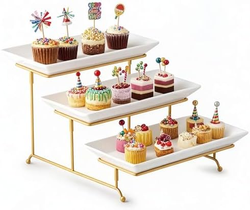 3 Tier Serving Stand, 14 Inch White Serving Platter with Trays in Gold