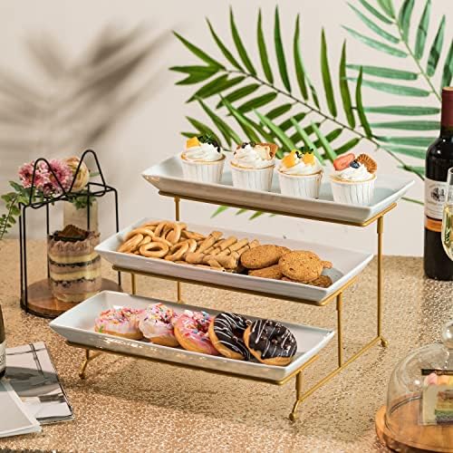 3 Tier Serving Stand, 14 Inch White Serving Platter with Trays in Gold, alternate view 2