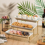 3 Tier Serving Stand, 14 Inch White Serving Platter with Trays in Gold, alternate view 2