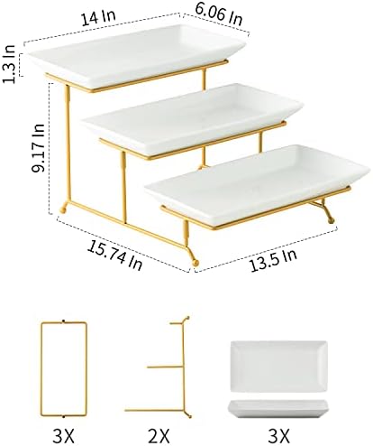 3 Tier Serving Stand, 14 Inch White Serving Platter with Trays in Gold, alternate view 3