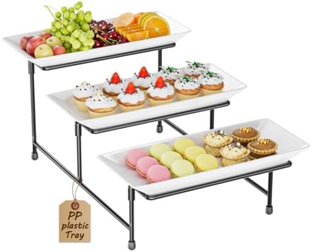3 Tier Serving Tray, 12'' Collapsible BPA Free Dessert Stand, Black in Black