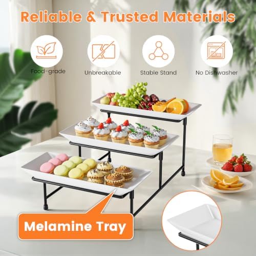 3 Tier Serving Tray, 12'' Collapsible BPA Free Dessert Stand, Black in Black, alternate view 4