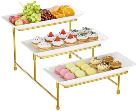 3 Tier Serving Tray, 12'' Steel Stand, Tiered Platter, Gold in Gold