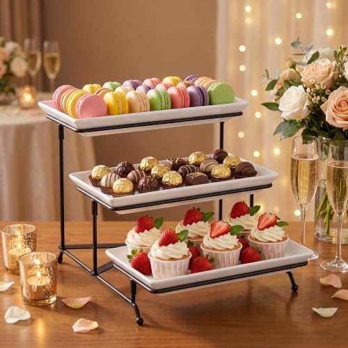 3 Tier Serving Tray, 12" White Plastic Tiered Food Serving Platters, Reusable Tray Stand Black Collapsible Metal, alternate