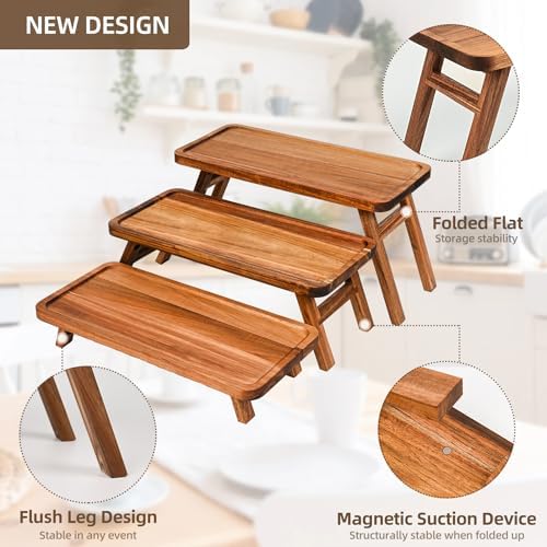3 Tier Serving Tray Acacia Wooden Tiered Tray Stand Foldable Dessert Table Display Set Decor Charcuterie Boards, alternate