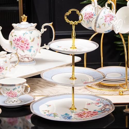 3 Tier Serving Tray, Bone China Tiered Dessert Stand, Floral Afternoon Tea Stand, Ceramic Cake Stand with Gold, alternate