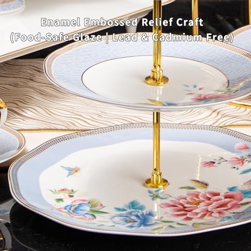 3 Tier Serving Tray, Bone China Tiered Dessert Stand, Floral Afternoon Tea Stand, Ceramic Cake Stand with Gold, alternate
