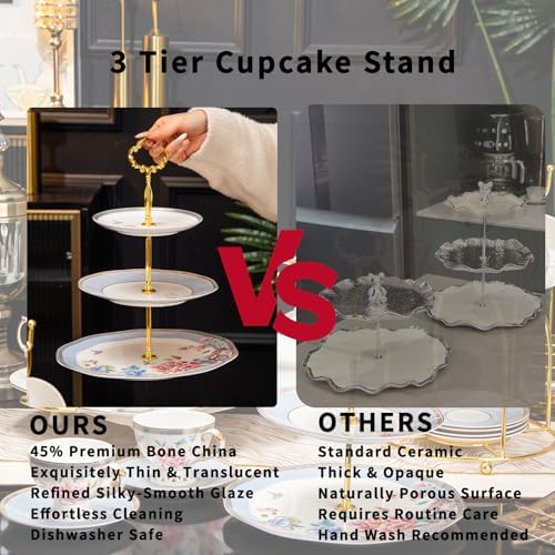 3 Tier Serving Tray, Bone China Tiered Dessert Stand, Floral Afternoon Tea Stand, Ceramic Cake Stand with Gold, alternate