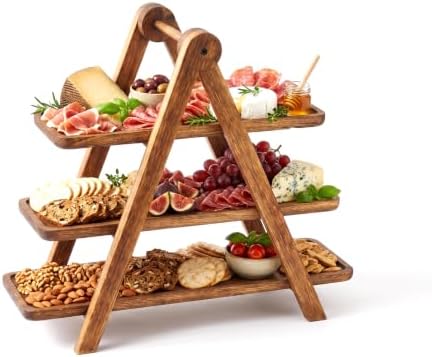 3 Tier Serving Tray, Charcuterie Board & Brown Wood Dessert Stand in Rich Warm Finish