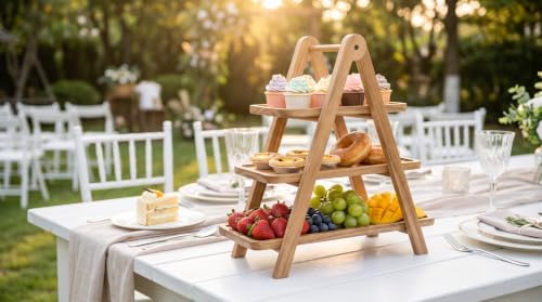 3 Tier Serving Tray, Charcuterie Board & Brown Wood Dessert Stand in Rich Warm Finish, alternate view 2