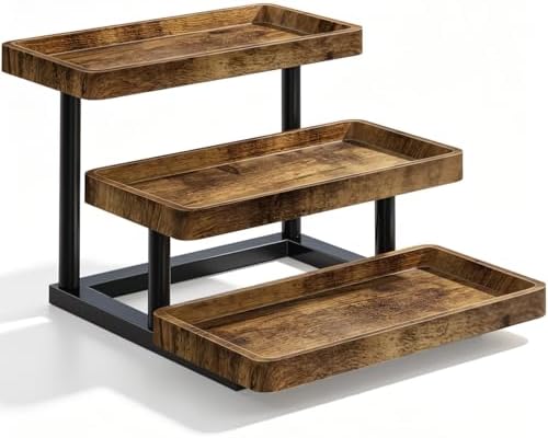 3 Tier Serving Tray for Party, Wood Cupcake Stand with Sturdy Metal Frame in Brown