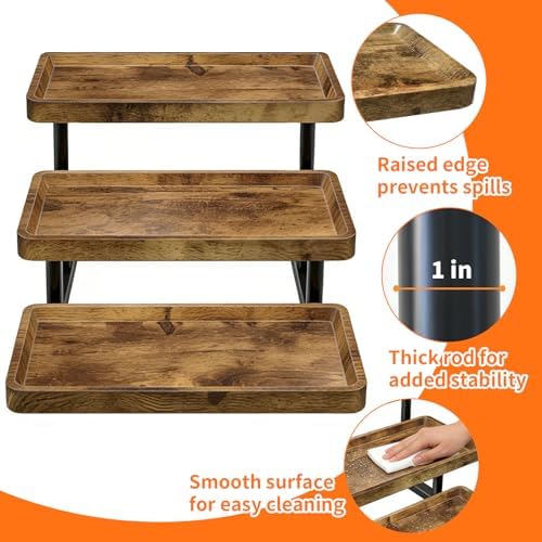 3 Tier Serving Tray for Party, Wood Cupcake Stand with Sturdy Metal Frame in Brown, alternate view 4