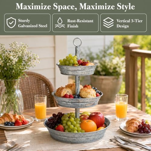 3 Tier Serving Tray, Galvanized Metal Cupcake Stand Vintage Dessert Appetizer Stand, Rustic Home and Garden, alternate view 7