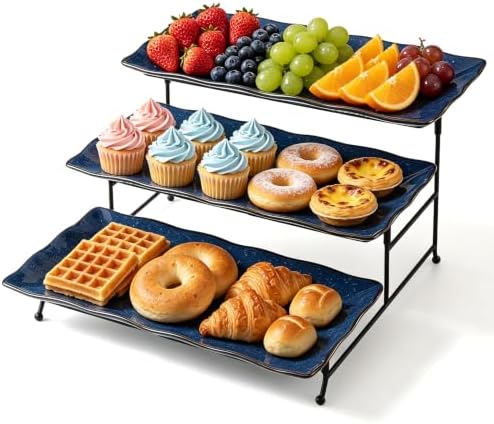 3 Tier Serving Tray, Kiln Altered Glaze Ceramic Serving Stand, Stackable Platters, Collapsible Rack & Easy to