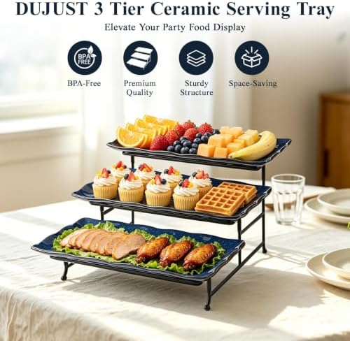 3 Tier Serving Tray, Kiln Altered Glaze Ceramic Serving Stand, Stackable Platters, Collapsible Rack & Easy to, alternate view