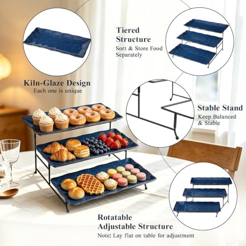 3 Tier Serving Tray, Kiln Altered Glaze Ceramic Serving Stand, Stackable Platters, Collapsible Rack & Easy to, alternate view