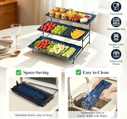 3 Tier Serving Tray, Kiln Altered Glaze Ceramic Serving Stand, Stackable Platters, Collapsible Rack & Easy to, alternate view