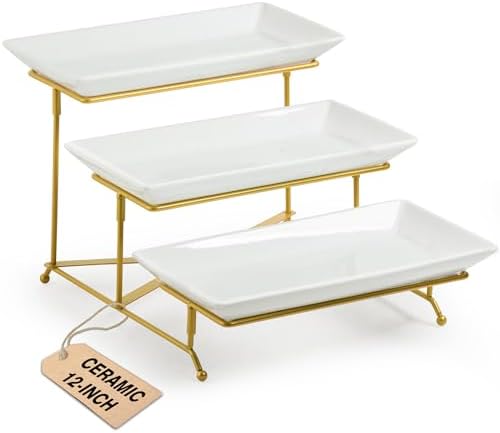 3 Tier Serving Tray, Porcelain Serving Platter Tier Serving Stand in Gold