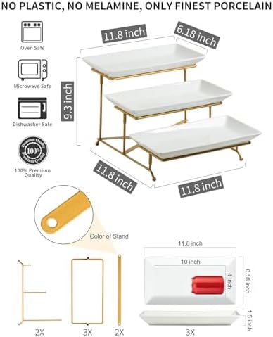 3 Tier Serving Tray, Porcelain Serving Platter Tier Serving Stand in Gold, alternate view 3