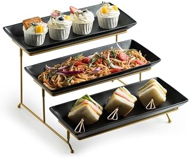 3 Tier Serving Tray, Porcelain Tiered Serving Stand with Platters in: 14 Inches in Black