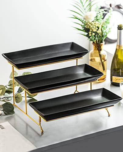 3 Tier Serving Tray, Porcelain Tiered Serving Stand with Platters in: 14 Inches in Black, alternate view 2