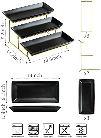 3 Tier Serving Tray, Porcelain Tiered Serving Stand with Platters in: 14 Inches in Black, alternate view 3