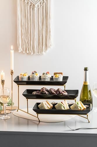 3 Tier Serving Tray, Porcelain Tiered Serving Stand with Platters in: 14 Inches in Black, alternate view 7