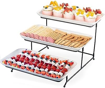 3 Tier Serving Tray Set 16 Inch, Large Porcelain Tiered Platters with Collapsible Stand - Serving Dishes for