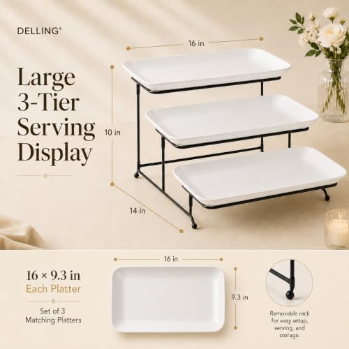 3 Tier Serving Tray Set 16 Inch, Large Porcelain Tiered Platters with Collapsible Stand - Serving Dishes for, alternate view