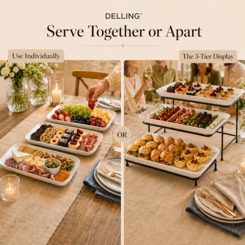 3 Tier Serving Tray Set 16 Inch, Large Porcelain Tiered Platters with Collapsible Stand - Serving Dishes for, alternate view