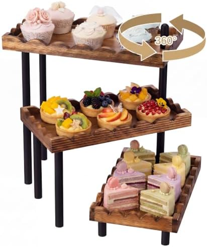 3 Tier Serving Tray & Wood Display Risers for Party, Rotatable Cupcake Stand in Brown, Black